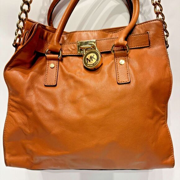 Michael Kors Hamilton Chain and Lock Brown Leather Satchel Bag Purse (no key) - Picture 3 of 14